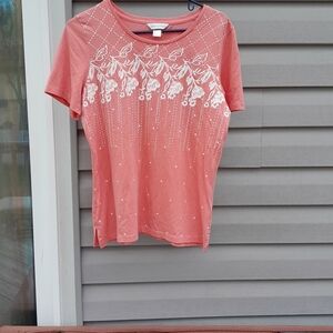 Christopher & Banks Coral Tee with White Embroidery Large
